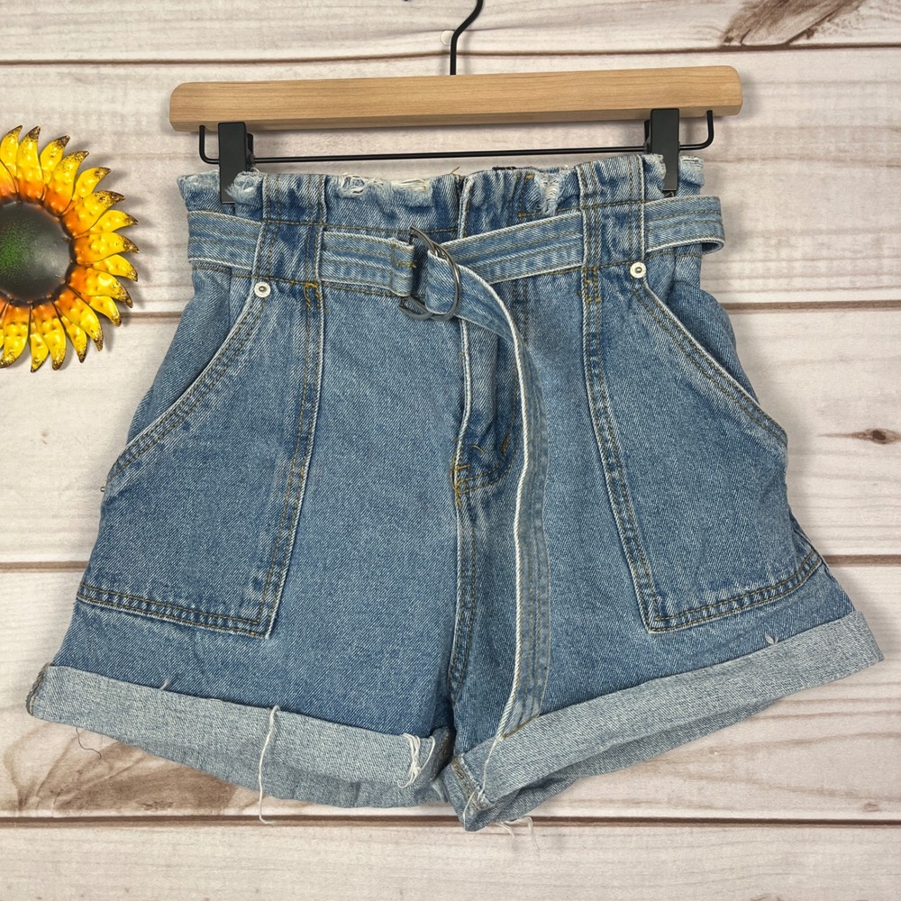 Signature 8 Womens Paperbag Waist Denim Shorts Medium Wash D-Ring Belt Small